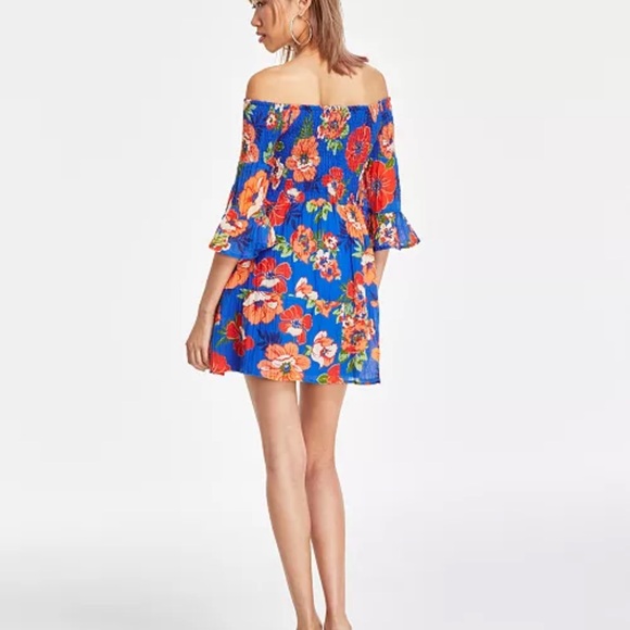 GUESS Charley Off-The-Shoulder Floral Printed Sun Dress In Blue Size XL - Picture 2 of 8